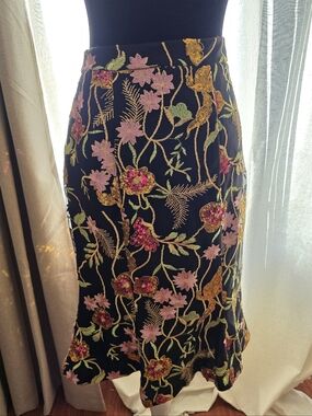 Nikibiki Black Midi Skirt with Pink Floral Embroidery and Gold Sequin Accents